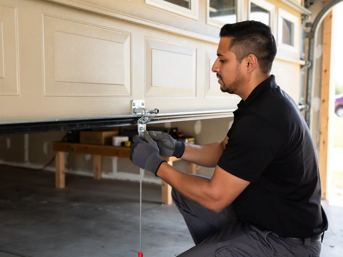 A technician in gloves is working on the bottom of a beige garage door.