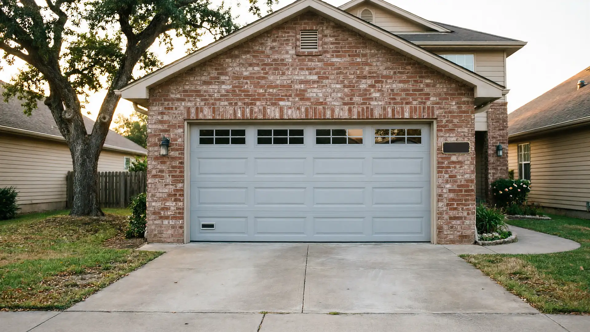 A light gray garage door with windows is on a brick house.