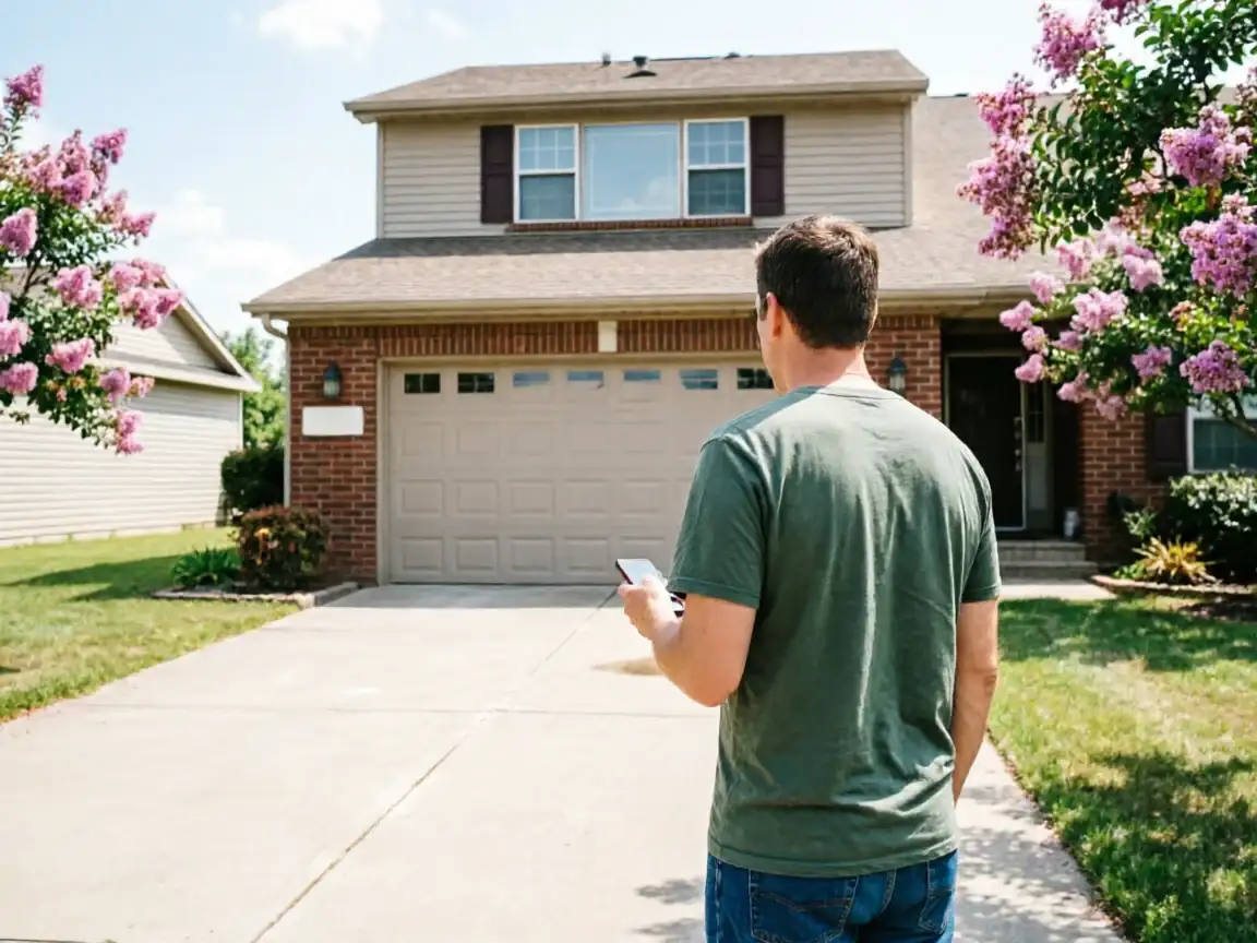 A man stands in a driveway, holding a phone, facing a house with a garage door.