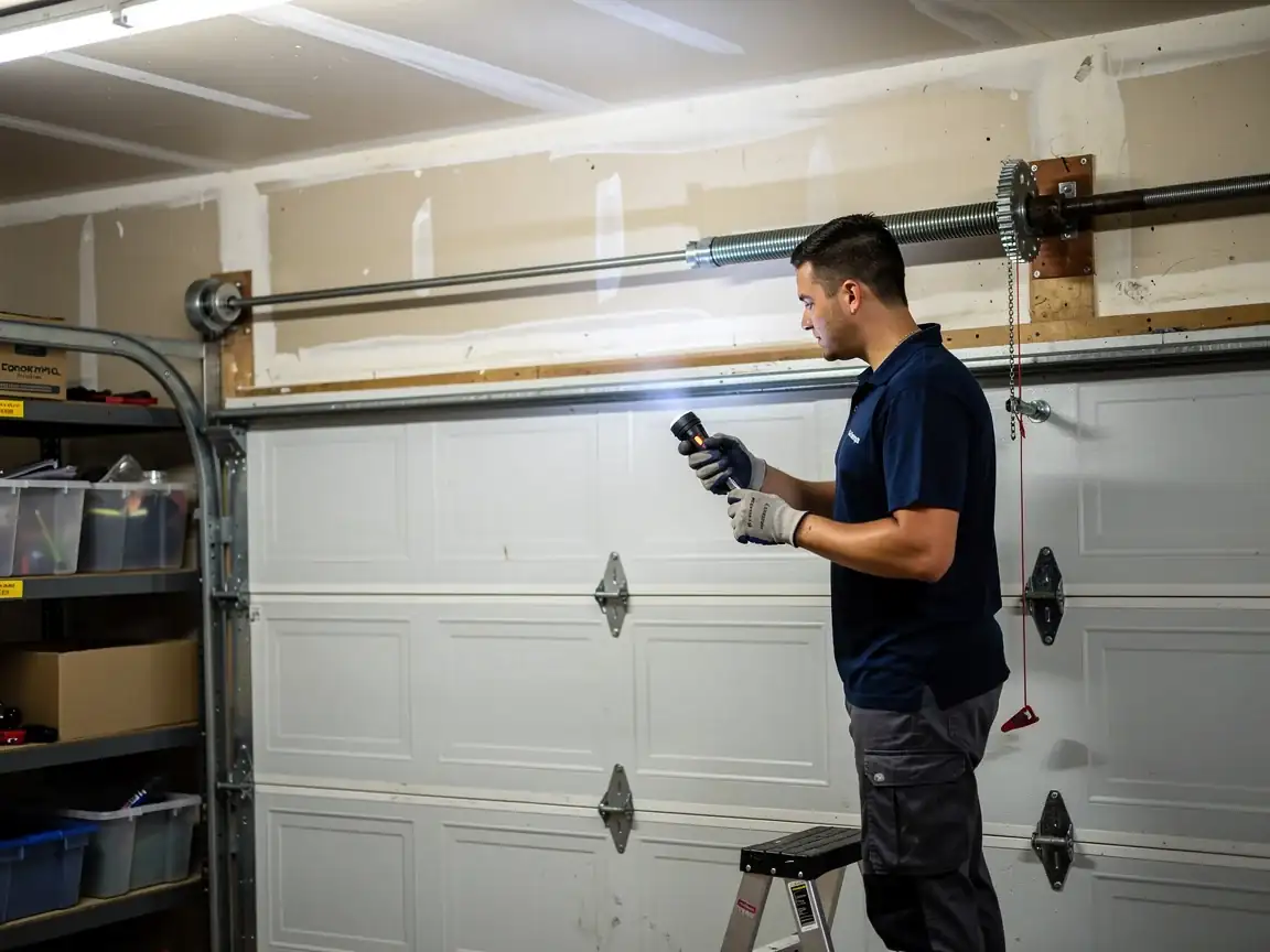 A technician shines a flashlight on a garage door torsion spring.
