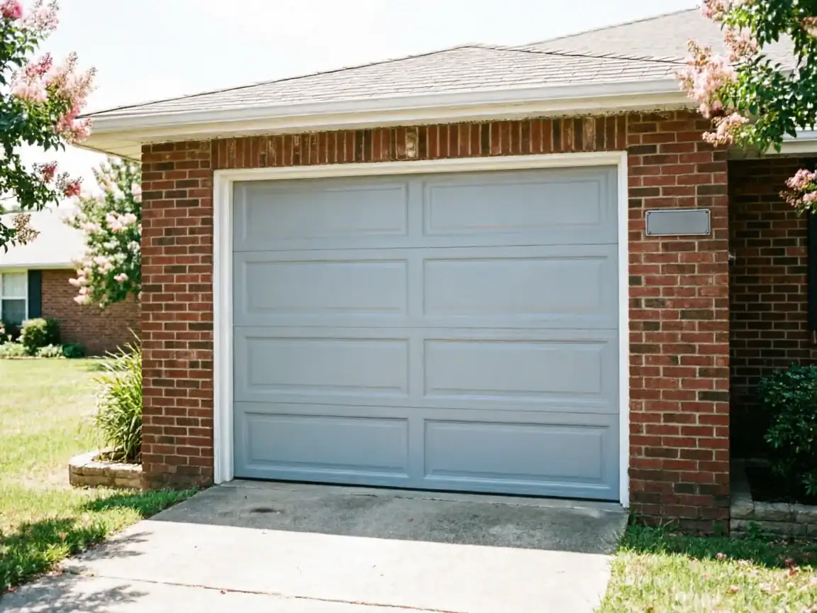 A light gray garage door is centered on a brick house.