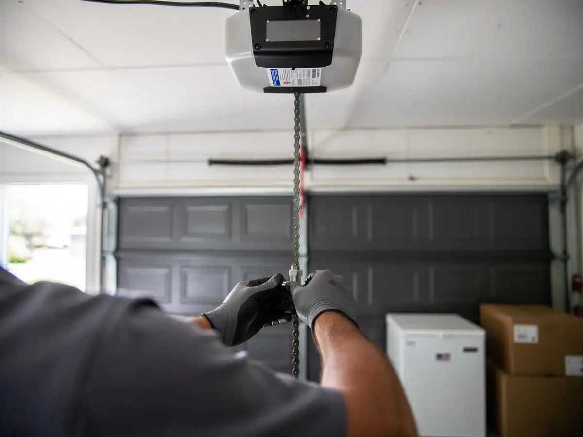 A technician in gloves adjusts the chain on a garage door opener.